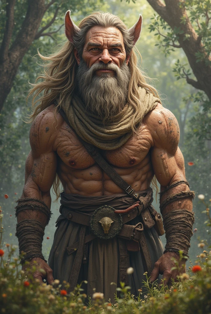 (best quality), masterpiece, ultra-detailed, old guy, beard, muscular physique,full body portrait,blonde hair, intense blue eyes, stream, forest, hairly chest, loincloth 
