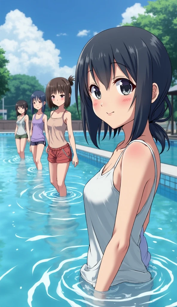 a group of boys and girls cheers at a poolside party, long eyelashes, colorful swimsuits, splashing water, vibrant colors, warm sunlight, reflections in water, lush greenery, (best quality,4k,8k,highres,masterpiece:1.2),ultra-detailed,portraits,vivid colors,HDR,studio lighting,anime screencap,