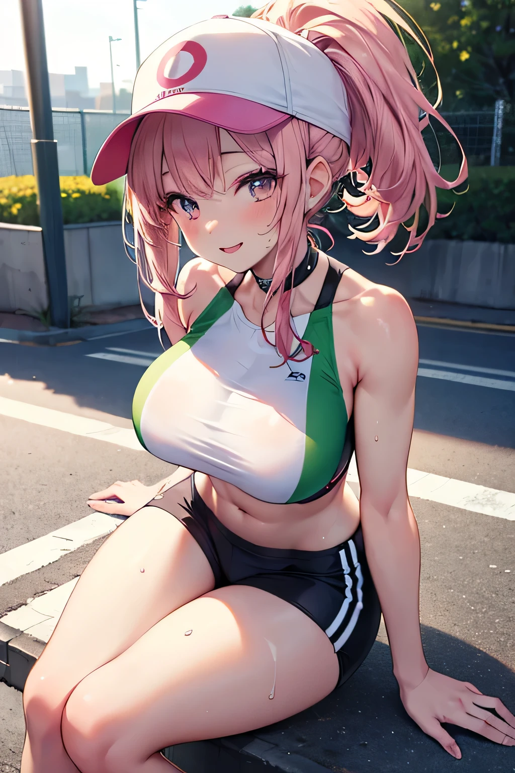 mastute piece,Best Quality,insanely detailed,8k cg,
shoot upper body,
1girl,standing,body in front,looking at viewer,(running bras,running briefs),
blush,shy,(trembling:1.2),pink hair,break,open mouth,large breast,(track field:1.2),