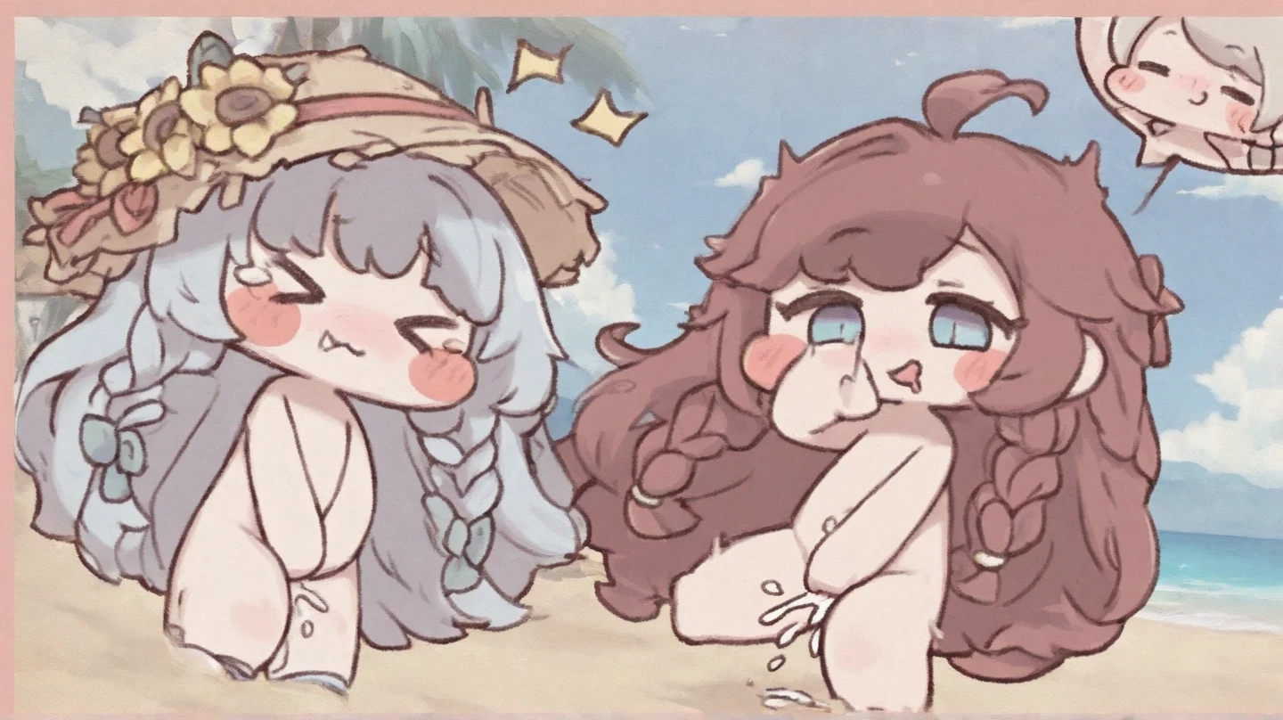2 girls, lesbian, brown hair, blonde hair, smiling, bare feet, long feet, girls have penis, penis in butt hole, naked, dripping milk, topless, cupcakes, pastel colors, cute, flat colors