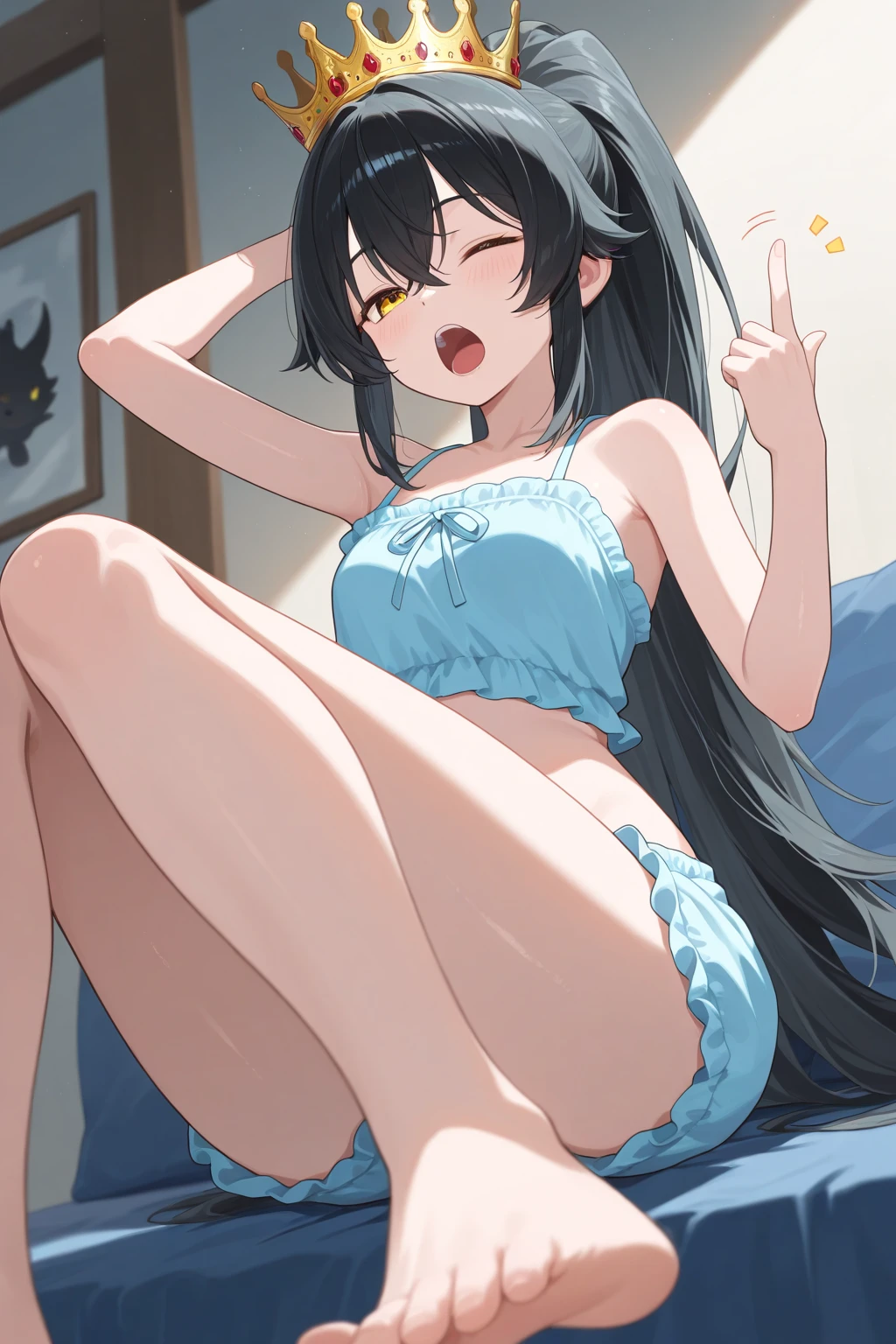 masterpiece, best quality, expressive eyes, perfect face, a ??? get transformed into a cuntboy, solo, surpriced, blushed, black hair, long hair, red baseball cap, brown eyes, full body, bare foot, naked, in a bedroom, pussy, shining magic dildo.