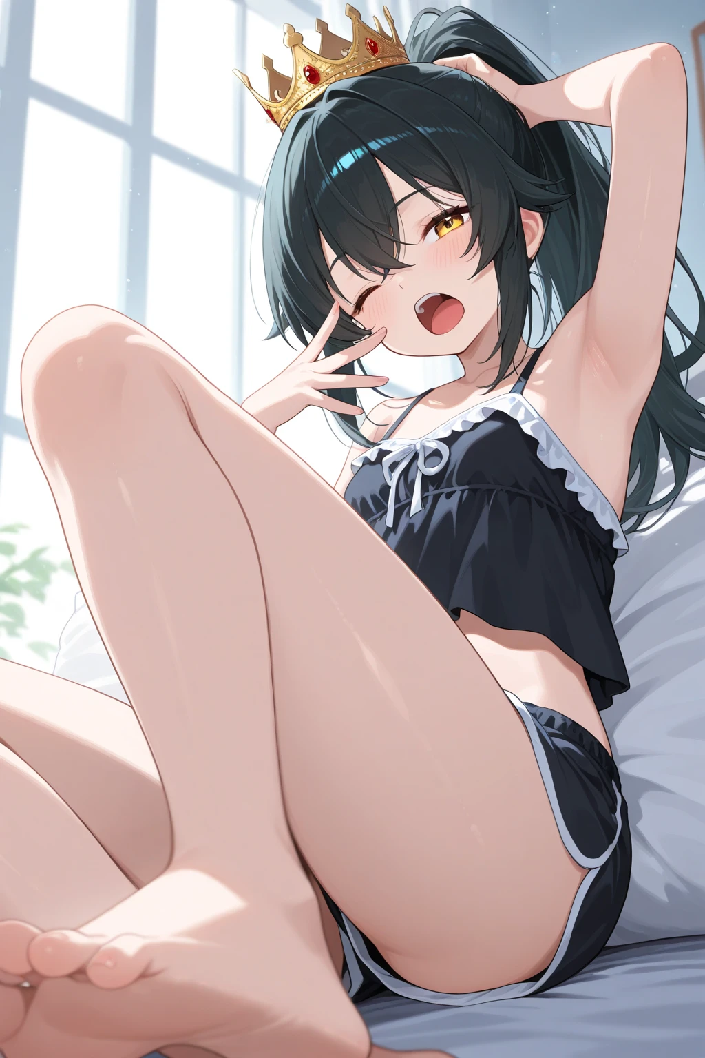 sole girl, full body, white nightgown, in private study room, spreading legs, trembling, wearing black collar, wearing white soaked panties, full body, teary gray eyes, detailed background, detailed arms, saliva dripping, small breasts, sfw, sweaty body, very sweaty armpits, soaking armpits, sexy armpits, a lot of sweat dripping from armpits, sweat flowing down from armpits, beautiful armpits, tsundere face, long black hair, embarrassed, shiny skin, high resolution, (symmetrical clear eyes:1.2), sense of depth, 4k, best quality, masterpiece, detailed illustration, destructive art, (ray tracing, Illustrated, reflected light)