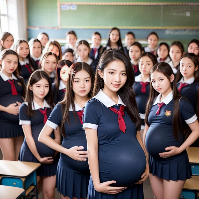 (top-quality、masutepiece、8K、Top image quality), (Line up and take a group photo:1.2)、(Group photo of 20 pregnant high school girls in the classroom:1.5)、(All high school girls are pregnant:1.1)、High School Sailor School Uniform、White sailor suit with short sleeves、Red ribbons、navy pleats skirt、Everyone wears the same sailor suit、accurate and perfect sailor suit、Good left-right balance、the best smile when you look at me、ultra detailed beautiful face