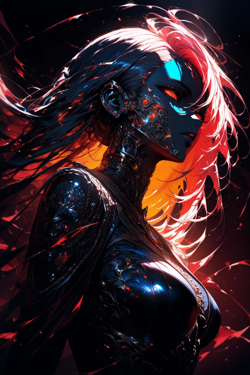 (masterpiece, top quality, best quality, official art, beautiful and aesthetic:1.2), (1girl:1.3), extreme detailed,colorful,highest detailed ((ultra-detailed)), (highly detailed CG illustration), ((an extremely delicate and beautiful)),(from side),cinematic light,((1mechanical girl)),solo,full body,(machine made joints:1.2),((machanical limbs)),(blood vessels connected to tubes),(mechanical vertebra attaching to back),((mechanical cervial attaching to neck)),(sitting),expressionless,(wires and cables attaching to neck:1.2),(wires and cables on head:1.2)(character focus),science fiction,white background,(blood:1.5)
