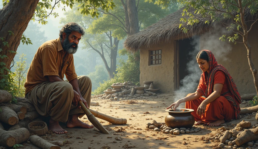 Make a realistic image with the following described:
A peasant woman in her hut is beating an atole and next to her at a table is a man touching his throat and tasting himself..