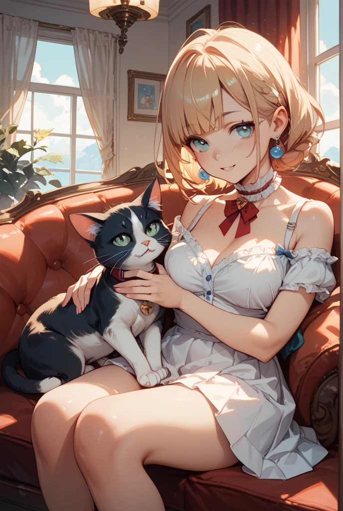 8K, Top Quality, There is moonlight on a dark night, Big breasted girl lying down holding a kitten, the record player is running