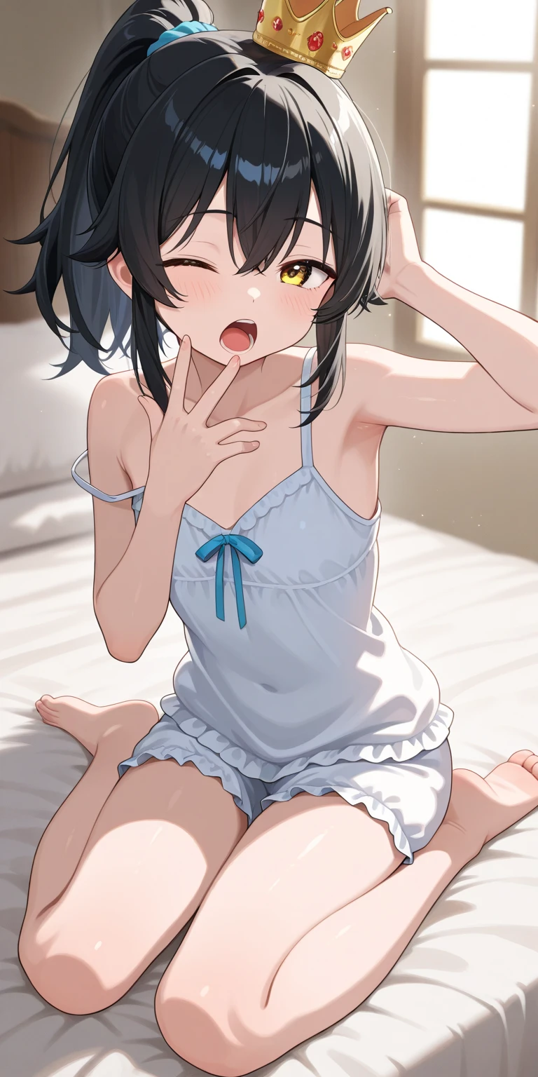Selfie,front view,looking at viewer, looking ahead,from above,cowboy shot,1girl,Beautiful 11 year old girl,Japanese,Slender,,low length,Small breasts,Thin legs,Small Ass,Baby Face,Small face,Black Hair,Row Twin Tails,Gray Eyes,Drooping eyes,middle School girls,A transparent black and yellow negligee,Sexy Lingerie,open mouth,tongue out,front face,Kneeling,Put your chin forward,Beautiful and detailed anime art,Desire expression,Sexy vibe,cum on tongue,Dimly lit room,On the bed,Simple Background,Gray background,Pink lighting