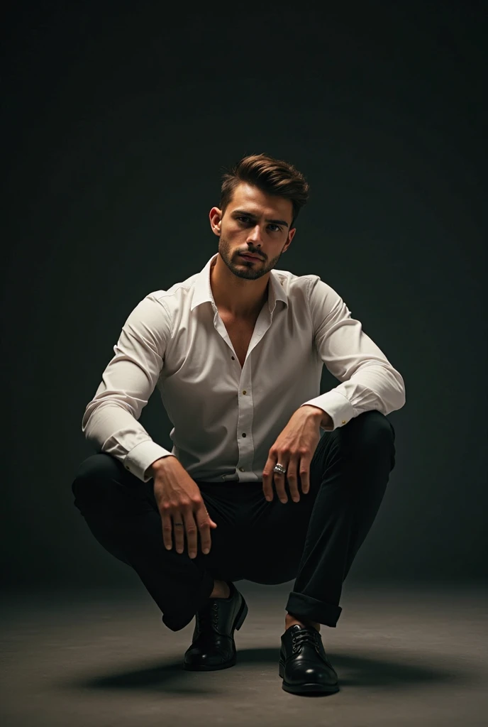 A sexy man wearing underwear sitting on a chair looking like Zayn Malik