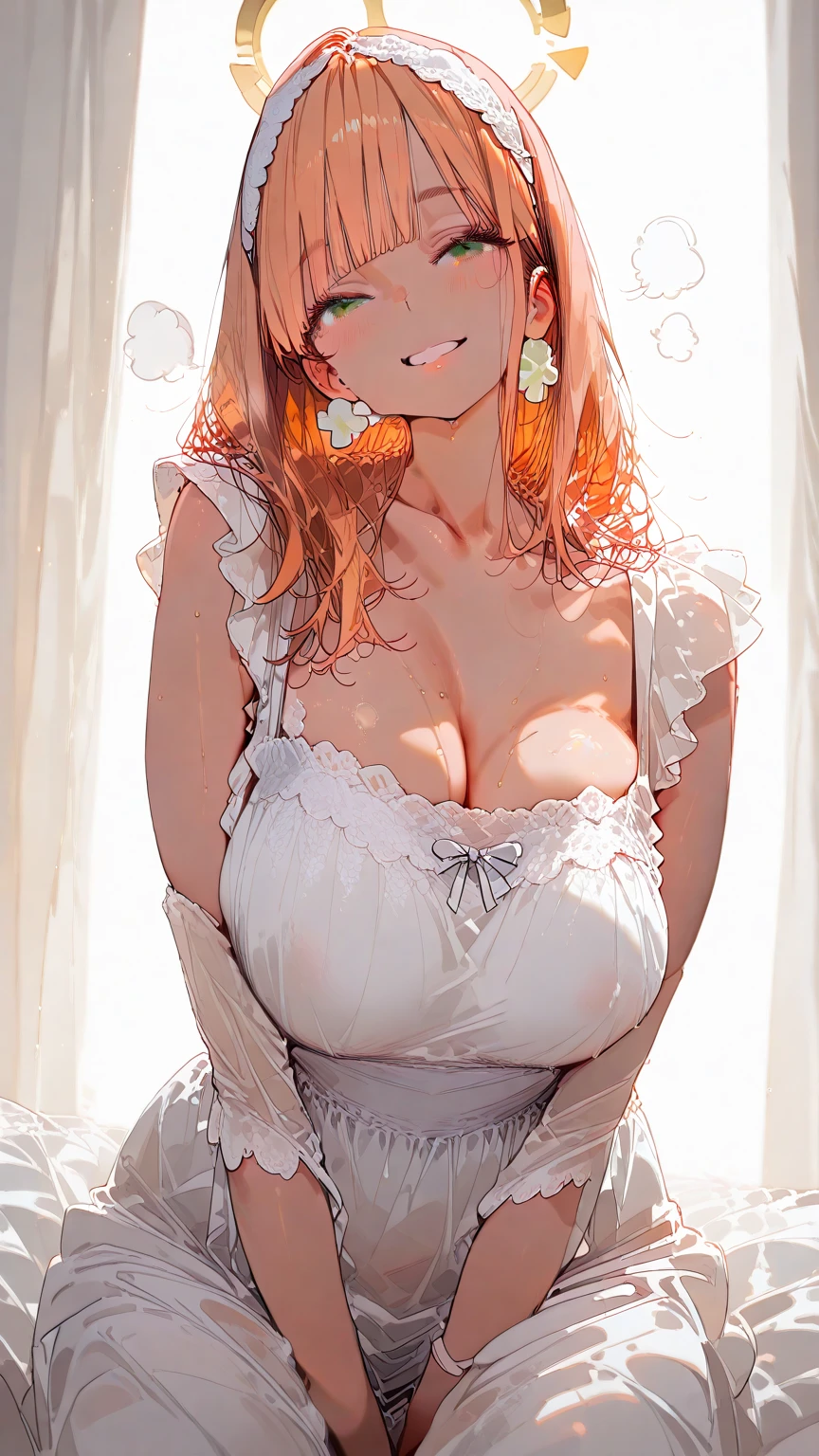 ultra detail, (((masterpiece))), official art, cinematic lighting, Lacus Clyne, attractive anime girl, 1girl, pink long hair, hair ornament, cute face, slender body, shiny skin, huge breasts, Big breasts that are about to burst, well-shaped breasts, amazingly big breasts, detailed breasts, smile, blush, (((NSFW))), (((white lace dress))), (((sexy pose, showing pussy porn))), focus on pussy, Photographed up close,