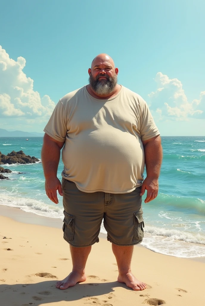 Hyper-realistic very attractive mature handsome fat white old man, side view, chubby, fat, obese, huge belly, beefy, thick legs, huge calves, standing, half body, at beach, grey very short hair, well designed grey mustache, thick mustache, hyper-detailed background, cinematic, uhd, 8k, high resolution, perfect result, best quality, detailed work, wearing a shorts