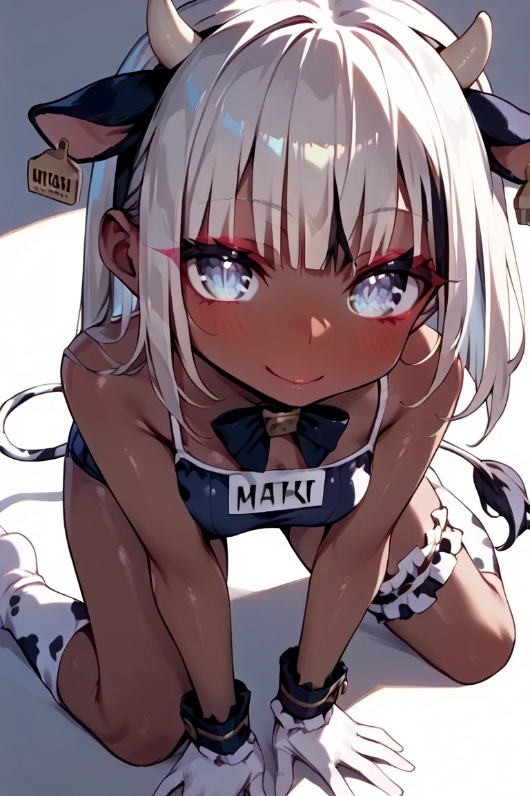 One Girl, Gray Hair, Low twin tails, There is only one mole below the eye, There is only one mole, Small breasts, Cheeky face, looking at the camera, ass pov, Brown Skin, White off-shoulder, Belly button, Sweating, Face is close, Sticking out tongue, Denim shorts, Black knee-high socks, slender, Brat,