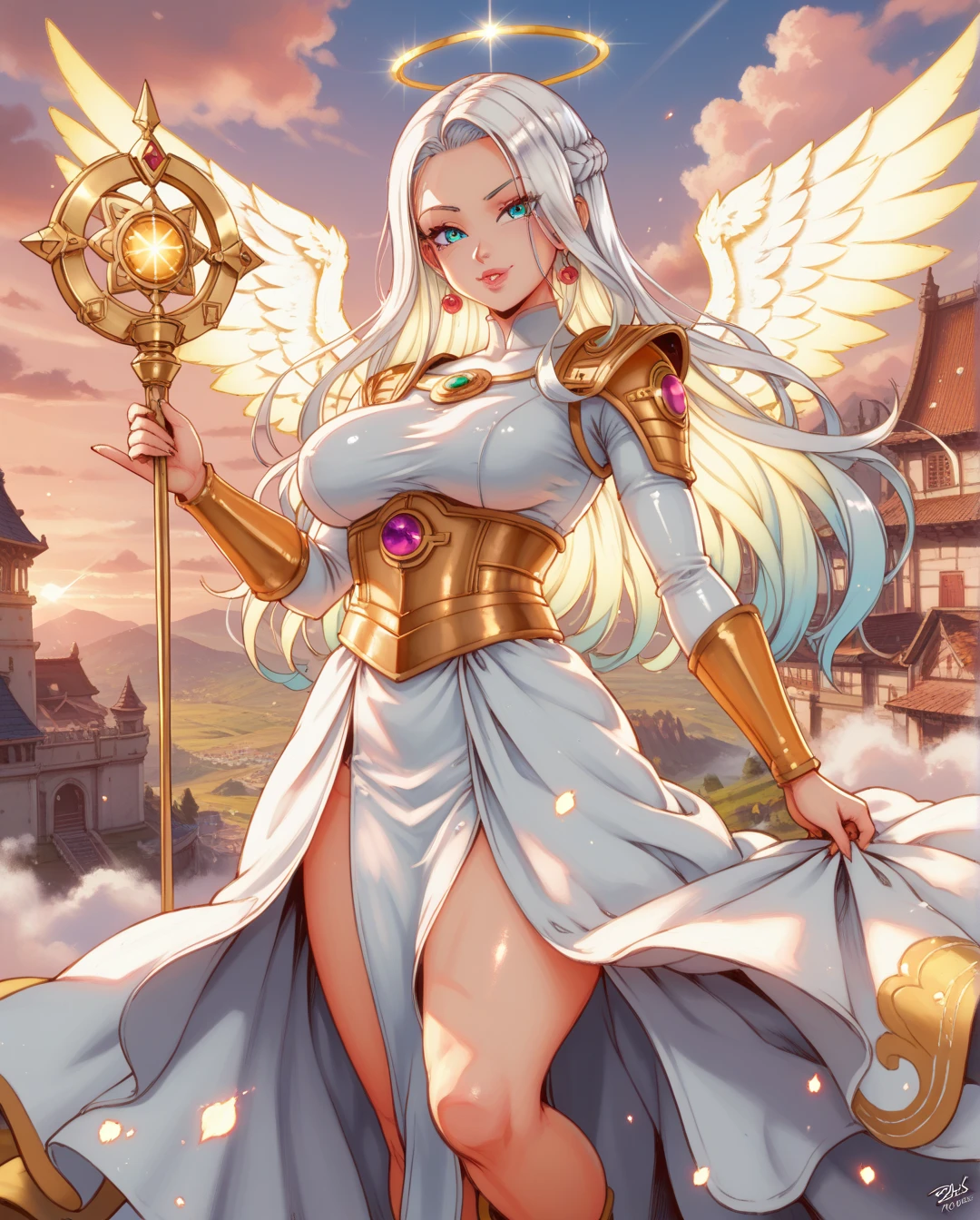 best quality,4k,8k,highres,masterpiece:1.2), ultra-detailed, mature Pale-skinned Male, man, four wings Seraphim and Cherubim, His features powerful but elegant, a defined jaw but not an overly square one, low sweeping cheekbones. Strong and lean, tall, long hair, broad chest, seductive smirk, eyes refracting and shining.
Clothing ceremonial and practical. Flowing in unobstructive areas. A crown with a wreath of flowers and thorns, from that wreath coming the veil. Clothing whites, white golds, rose golds and accents in the colours of assorted blooming flowers. Any visible scars looking like seams of aged gold upon his skin. Kissing mature ebony-skinned female, curvy, horns, violet devil wings, dark skin female, white-skinned man, Pale-skinned male