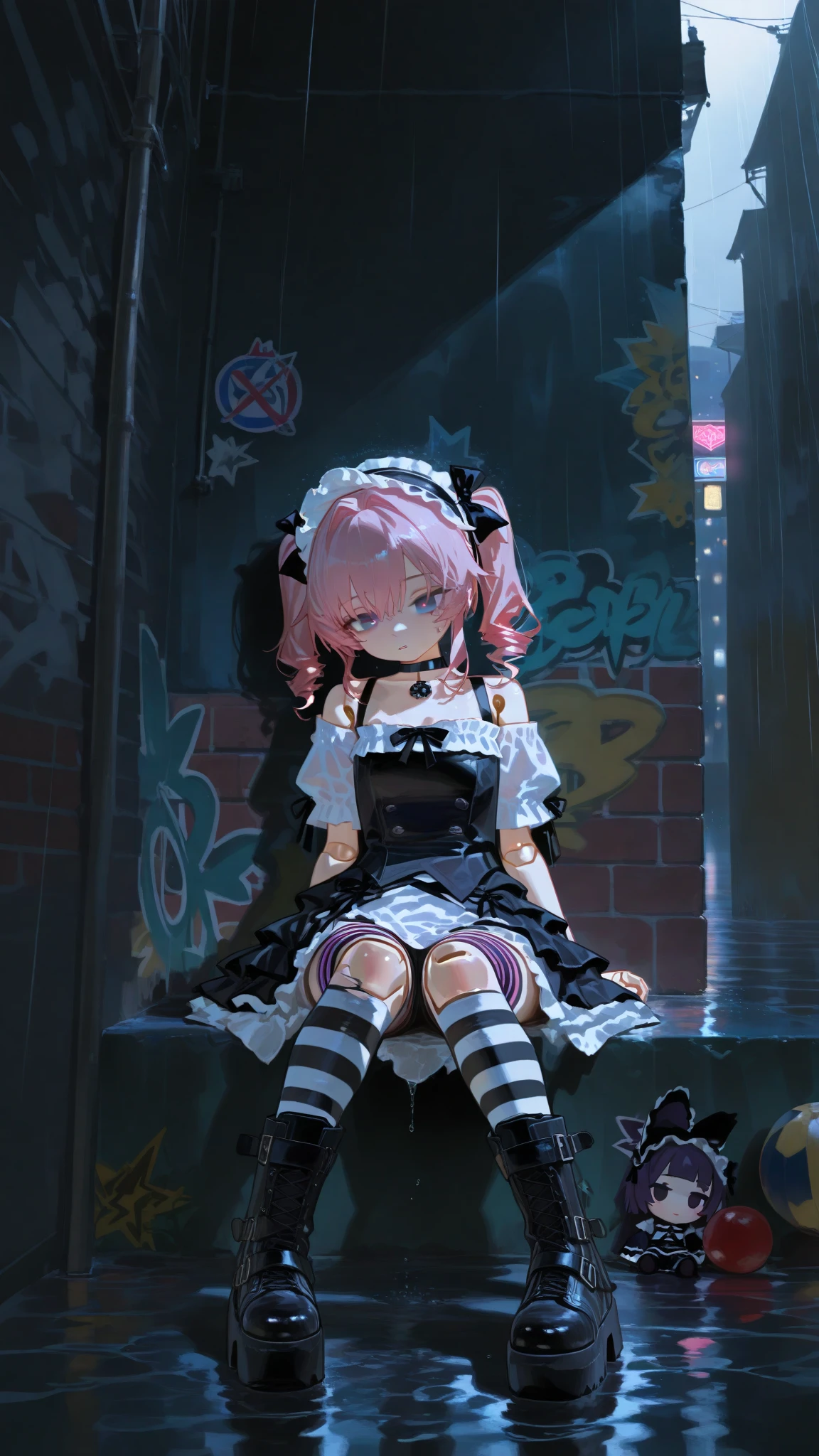 masterpiece, ultra detailed, 8K, solid blue Skyscrapers background, full body shot, Angle looking up from below.happy, a girl, kawaii, light atmosphere, mysterious atmosphere, (Cute a girl:1.5), (a girl with closs hair pin,pale purple hair,wavy two braids,bluntbangs hair,green and black eyes,
pink shirt,cosplay, jirai kei, bangs, black skirt, black bow, looking at viewer, bow, long sleeves, choker, ribbon,pink lips,Thick-soled boots,fullbody shot :1.4),
(masterpiece:1.3), anime visual, (Lovey-dovey:1.5), (tilt head:1.3), extremely delicate face, soft clean focus, realistic lighting and shading, (an extremely delicate and beautiful art:1.3), elegant, (muted colors:1.1), small breast,slim,Angle from the ground, a girl squatting,look at viewer,from front, focus white panty,Sitting on the viewer's face, looking down on the viewer,