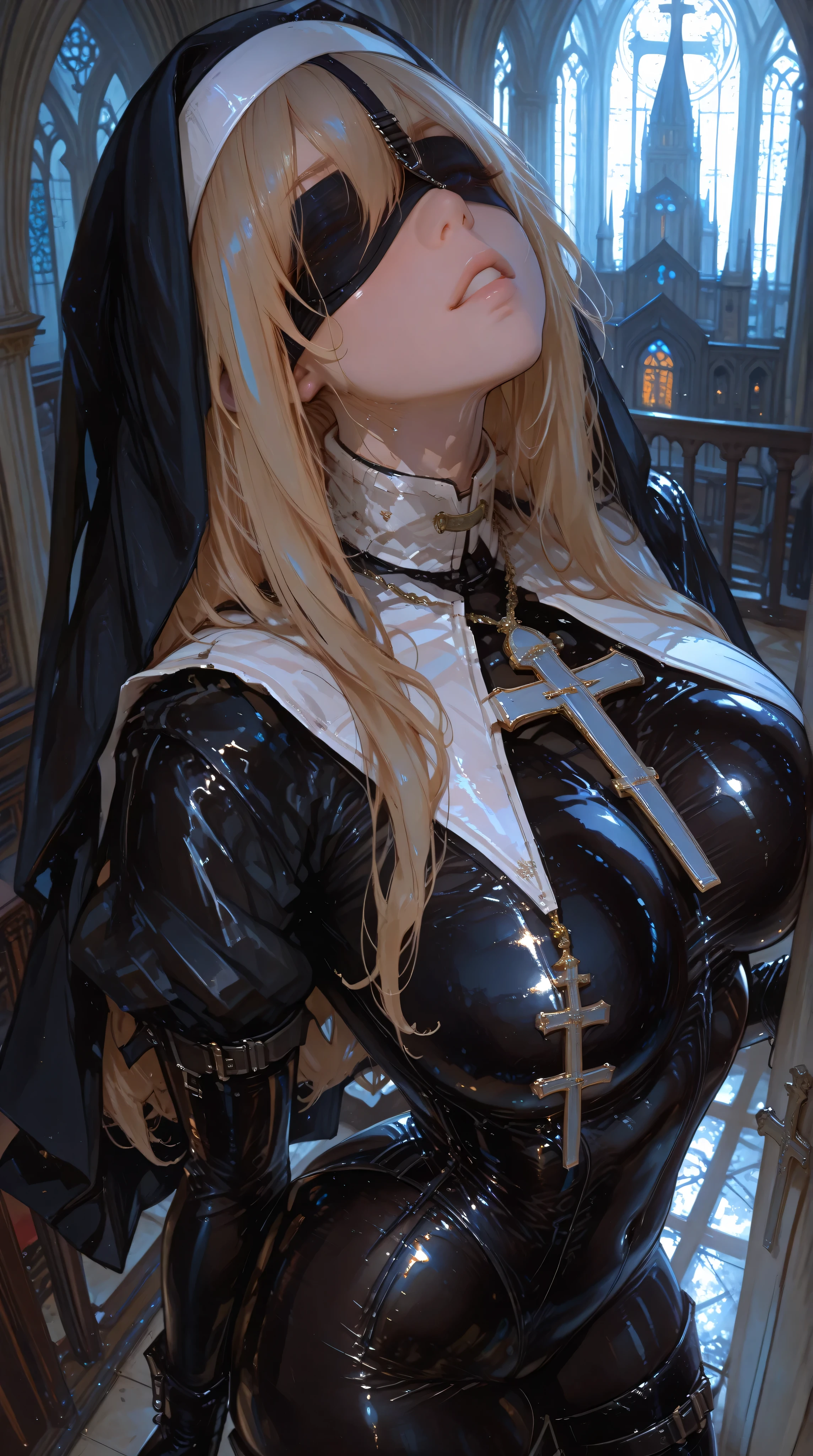 nsfw, (masterpiece, best quality, ultra detailed, absurdres:1.5), 1girl, (sexy, beautiful woman, perfect face, perfect eyes, perfect female body:1.5)
,Blind Fold, Nose Hook
,Large Breasts
,From Back:1.3, From Above:1.3
, (tutututu, (nun), (cross necklace), latex bodysuit, shiny clothes, skin tight, habit, latex gloves, black bodysuit, thigh boots, )
, (standing, indoors, cathedral), perfect lighting, smooth, hdr
,(naughty sound effects)