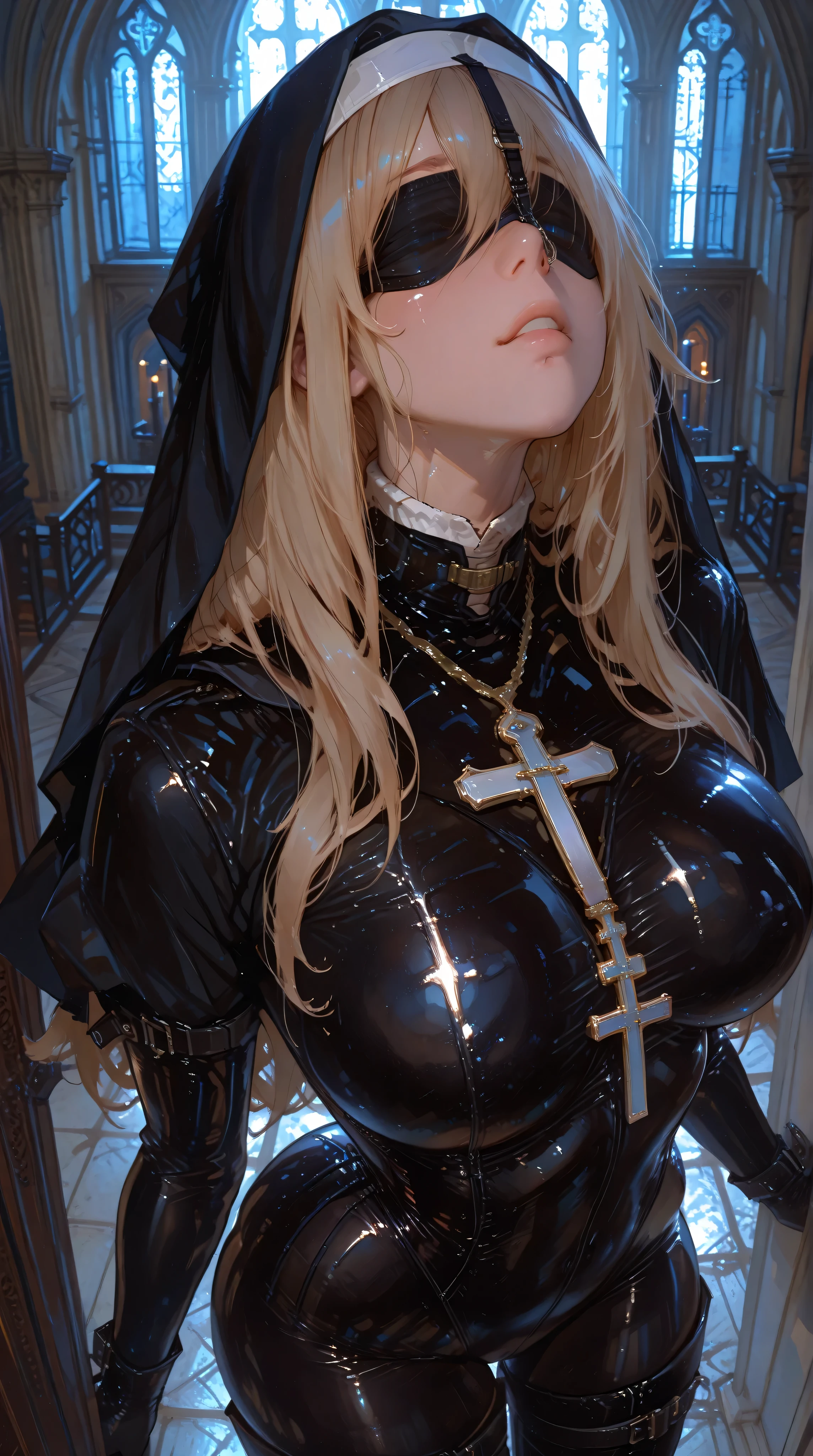 nsfw, (masterpiece, best quality, ultra detailed, absurdres:1.5), 1girl, (sexy, beautiful woman, perfect face, perfect eyes, perfect female body:1.5)
,Blind Fold, Nose Hook
,Large Breasts
,From Back:1.3, From Above:1.3
, (tutututu, (nun), (cross necklace), latex bodysuit, shiny clothes, skin tight, habit, latex gloves, black bodysuit, thigh boots, )
, (standing, indoors, cathedral), perfect lighting, smooth, hdr
,(naughty sound effects)