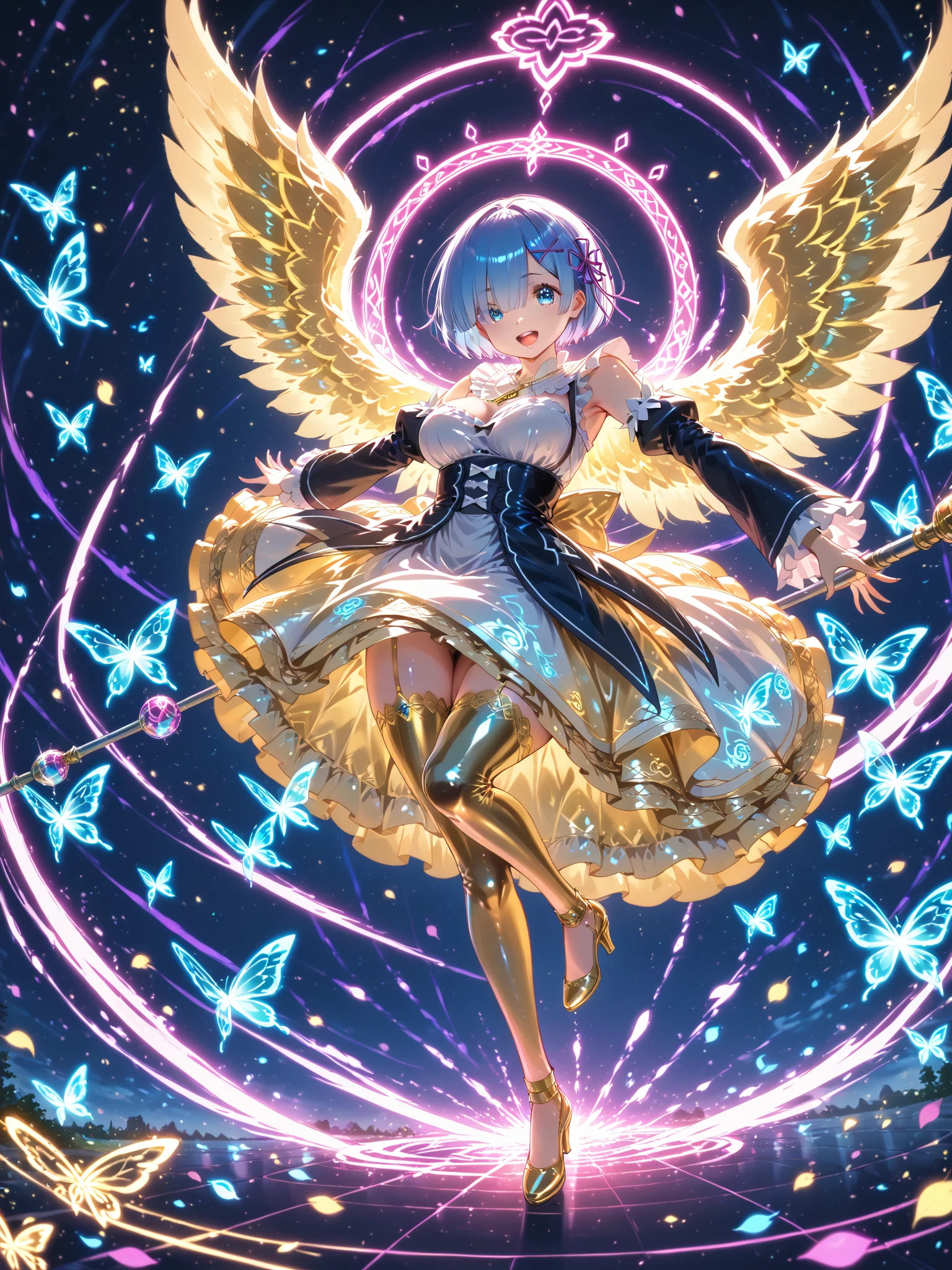 Highest quality,Highest Resolution,Smiling beautiful girl in maid leotard,White angel wings on your back,Halo,High leg,Frills,Knee-high stockings,front,whole body,up,universe,Milky Way,meteor,Very beautiful eyes,
