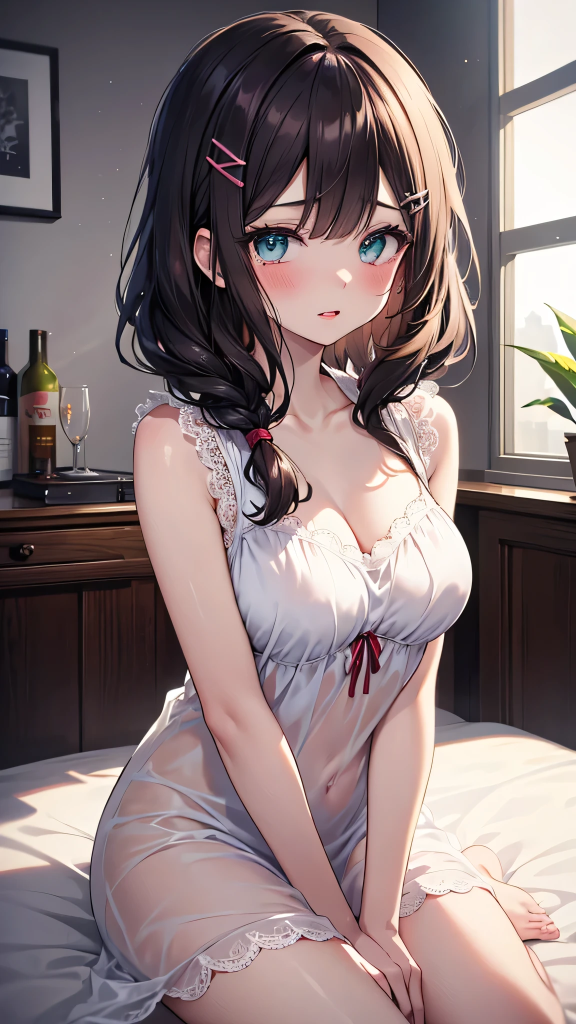 best quality,Detailed background,girl,actual, 1 名girl, black hair, dark brown eyes, Bright Eyes, chapped lips, blush, charming, garden, Sky, flowers. extra large breasts,突出extra large breasts,特写extra large breasts,Breasts mostly exposed,????,blush, surprise,Look at me,looking at the audience,sitting,kneeling,put on bed,Knees together,internal figure eight,red pupils,lace jumpsuit,Slender legs,beautiful hair、 beautiful eyes、 beautiful skin、beautiful legs、beautiful arms、perfect fingers、 Very cute,white hair, long hair,white cat ears, white cat tail,best quality,High resolution,top quality,pink bow,slender eyebrows,hair slightly moist,On a very large white bed, white pillow,perfect waist,Skirt has cutouts at the end,pout,The clothes are a little wet,little girl,very young,18 years old,shy smile,Long messy white hair tied up,Seductive pose,chiaroscuro,bare shoulders,????房间,slit sleeves,There are a few drops of water on the breast,bare legs,barefoot,Ray tracing,disdainful expression,美丽的girl独自一人,Most of the body is exposed,pink miniskirt,Gently lift up the skirt with both hands,shy expression,exposed breasts,The whole body was soaked with water,Colorful appearance,exposed trench