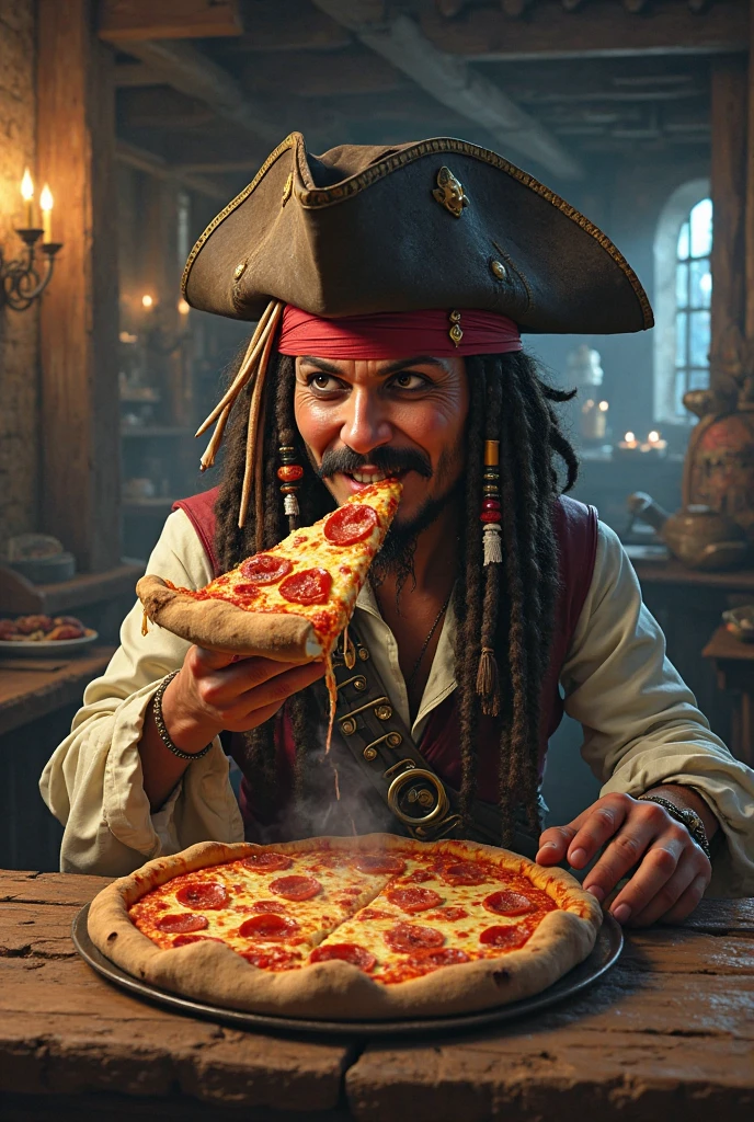 Image of a pirate ship captain, realistic 3D, wearing a hat with a hamburger design on it and winking as if he were greeting someone. And messing around with a notebook