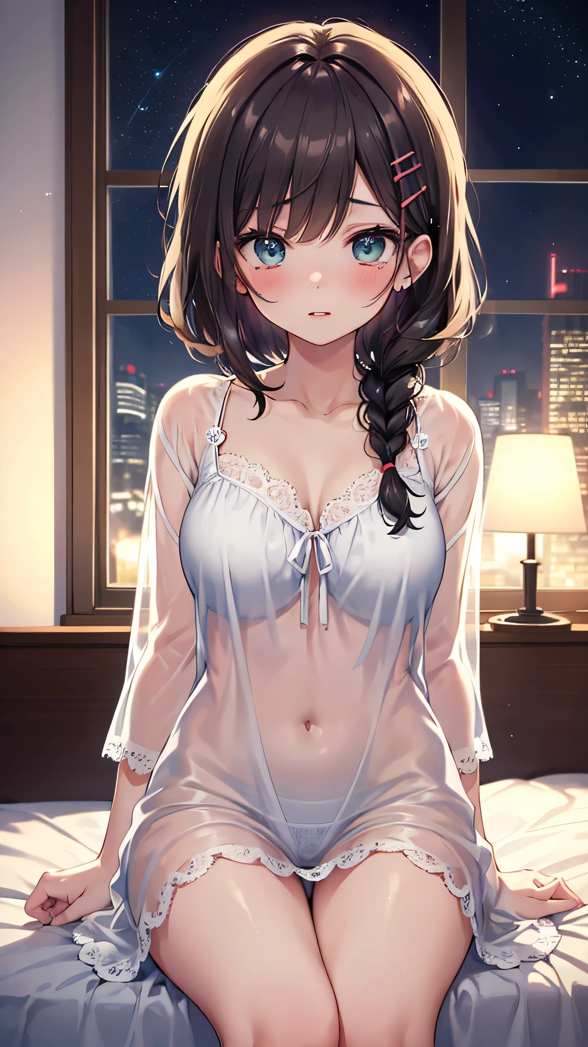 Best Quality、Night view outside the window、lie down、Prone、The back is visible、Light brown skin looking back、negligee、、Bob Hair、femele、A smile、half eyes、独奏、slightly close eyes、Very cute、bending forward、turned around、Midnight、Brown hair、、I want to blush、Bedroom、、Kamimei、on the bed、Twilight Lamp、beckoning
