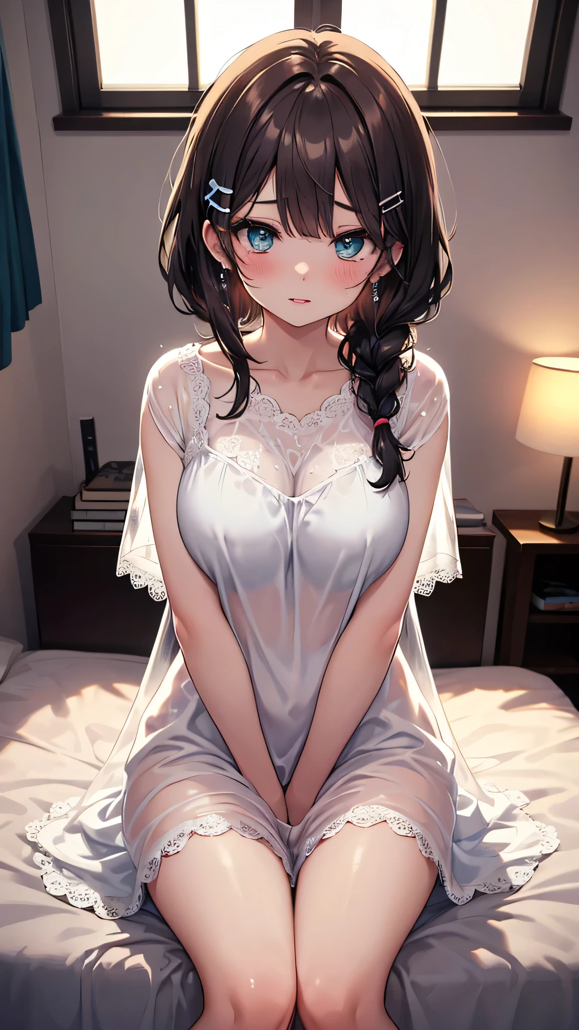 Nightgown in bed in bedroom at night、Stand on your knees、droopy eyes: 1.3,, (In 8K) , master piece, (No retouching, lip gloss, false eyelashes, real skin, top quality, Super high resolution, Depth of bounds written, chromatic aberration, caustics, wide lighting, natural shading))korean idol、live action、ordering sauce、japanese model, Photographed with canon eoa 6 d mark ii, Photographed with canon eos 5 d mark iv, young gravure idol,
