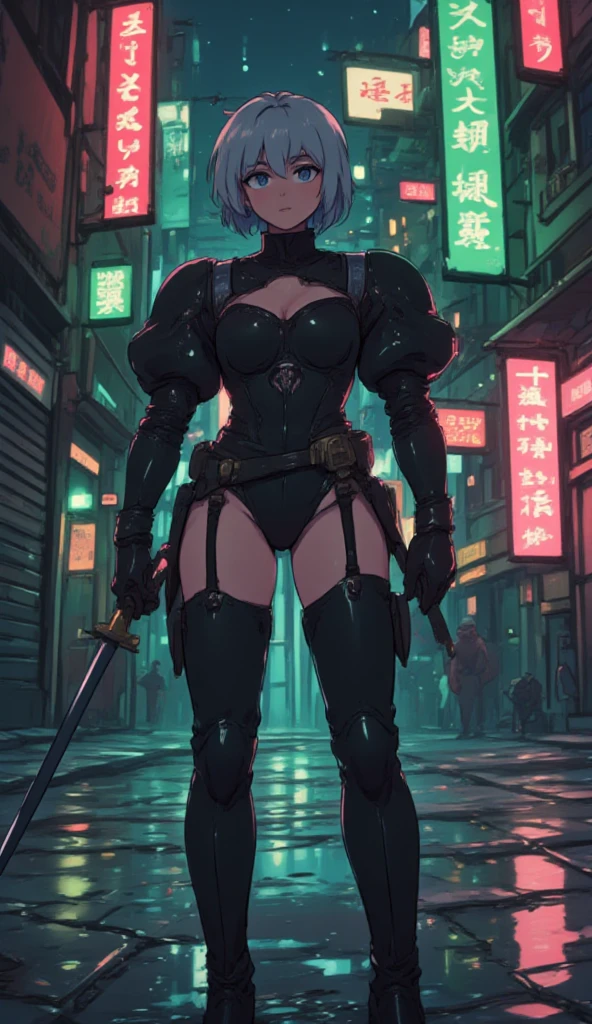 (masterpiece, best_quality, ultra-detailed, immaculate:1.3), epic, illustration, cat ears arctic renegade , , hooded cloak,, shozoku,muted indigo hair, half updo,Pageboy Cut, , small breasts, slimathletic figure, full body, ninja sword, rainy night, in a factory,<lyco:EnvyAssassin01:1.2>