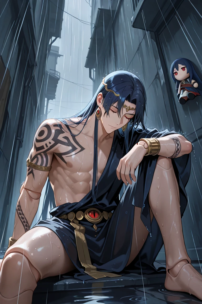 Male arab warrior, medivial, black short balaclava, black bandage, black clothes, thin waist, skinny body, femboy, light skin, makeup, black eyeliner, big eyelashes, black eyeshadow, metal choker,  light skin, random woman on her knees