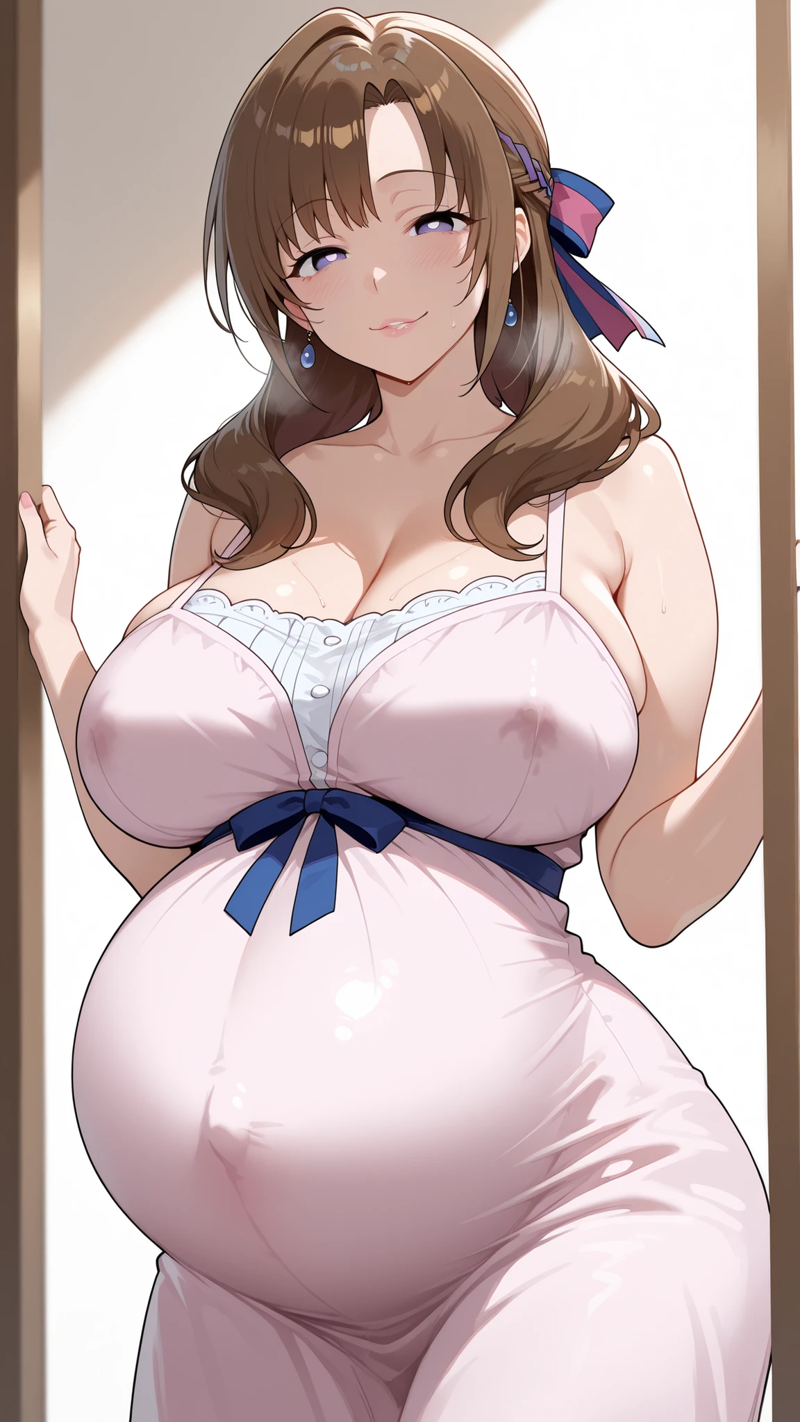 Sexy pregnant woman, cleavage, revealing sexy tight white dress, brown hair, ponytail