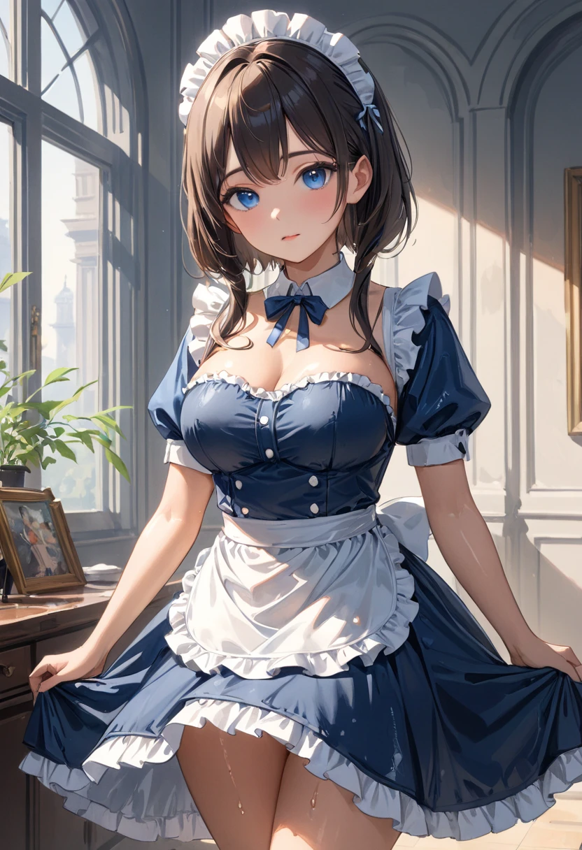 masterpiece, best quality, highly detailed, ultra high res, aichan, large breasts, 1girl, solo, blue eyes, short brown hair, side braid, glossy lips, maid, collarbone, cleavage, short puffy sleeves, small maid apron, thigh highs, choker, very short skirt, own skirt left, leaning forward, curtsey