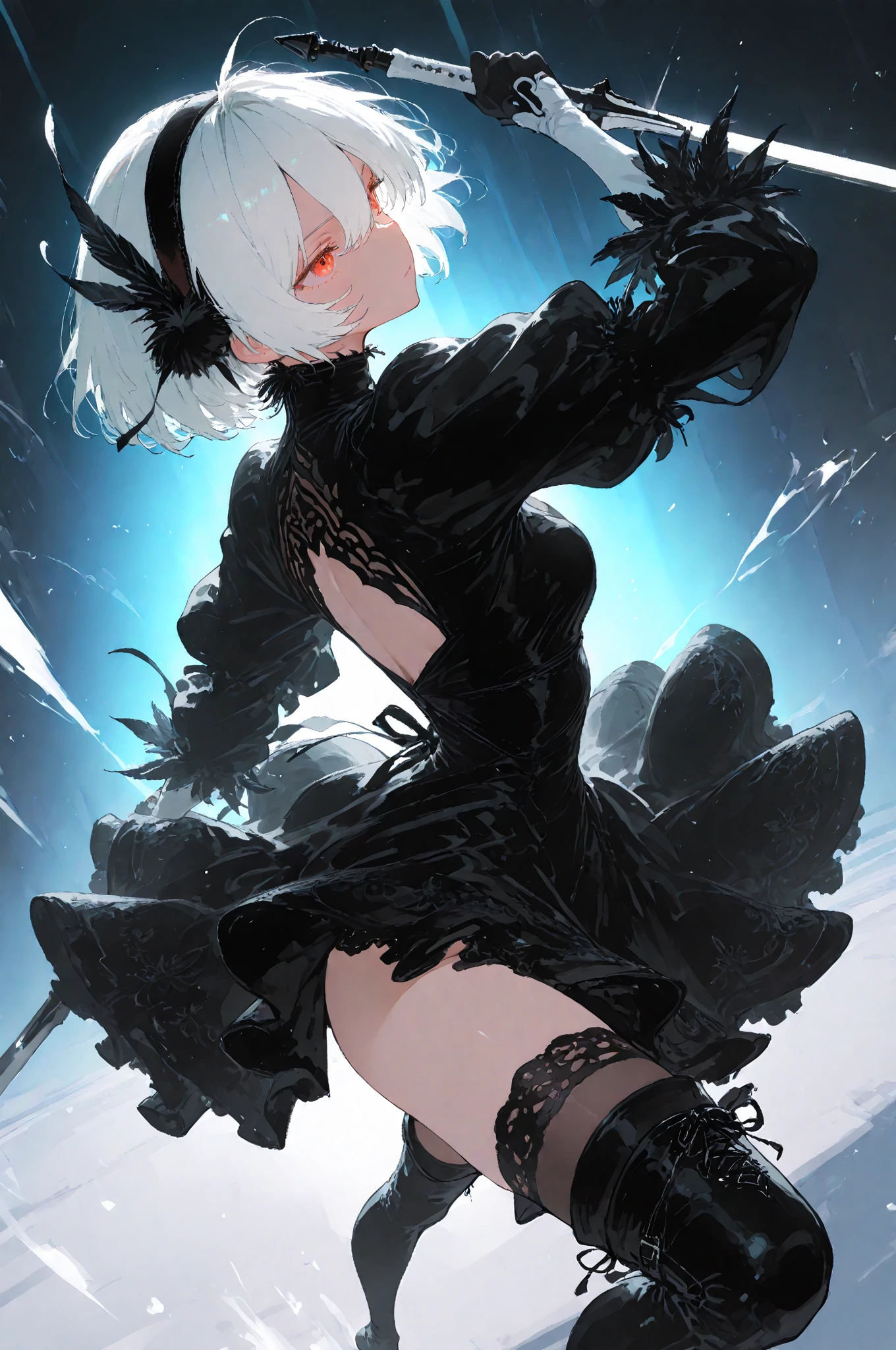 hairband, thighhighs, black hairband, mole under mouth, puffy sleeves, long sleeves, blindfold, black thighhighs, black blindfold, juliet sleeves, thighs, leotard, boots, feather-trimmed sleeves, white hair