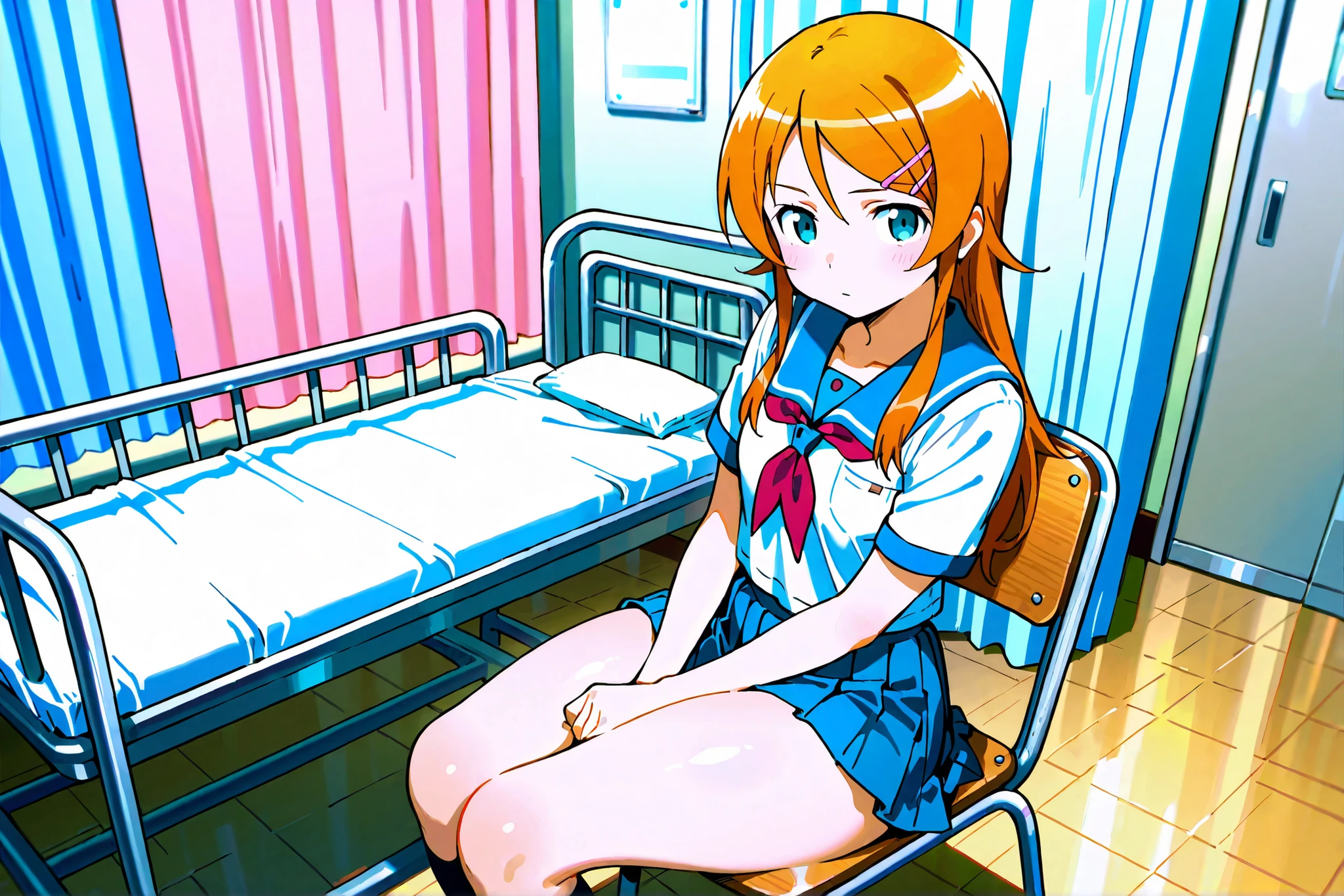 Expressionless kousaka kirino, serafuku, blue pleated skirt,short sleeves, red neckerchief,black socks, infirmary,sitting on chair,thick thighs,looking at viewer