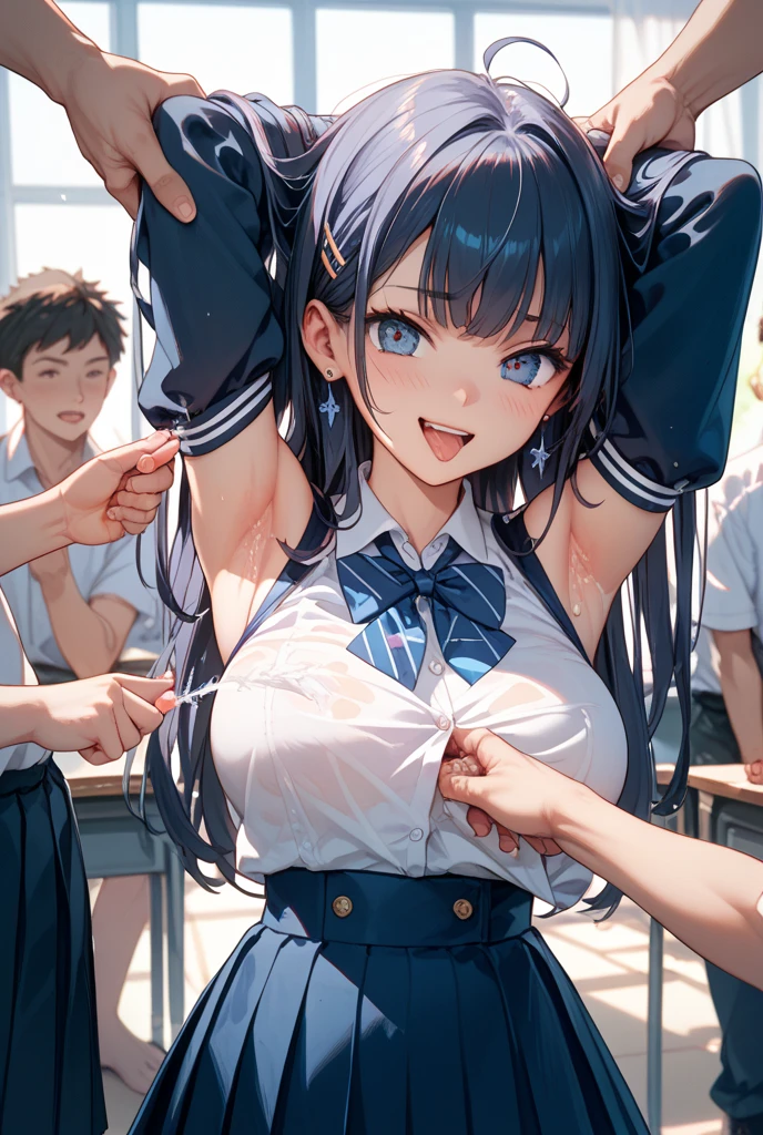 (molestation:1.8) japanese woman, very big breasts, oversized breasts, (white halfsleeve shirt,darkblue neckribbon,pleated short skirt, darkbrown shoulder length hair,bangs,ear:1.2),Chest grab, in the train, grab your butt, Multiple men around her grab her breasts, Chest grab, multiple hands, masterpiece, highest quality, very detailed, molestation, crowd of men, crowd surfing, very realistic face, very realistic eyes, crowd of men around her, the person who grabs her body, I squeezed my chest, molestation, masterpiece, highest quality, very detailed, 1 girl, multiple hands, Grab your ass with the crazy crowd, Chest grab, the men around her, squeezed body, Many people grab their chests, Be beaten, pulling on clothes, very wet and sweaty, grab clothes, (There are no women in the crowd:1.5), man with necktie