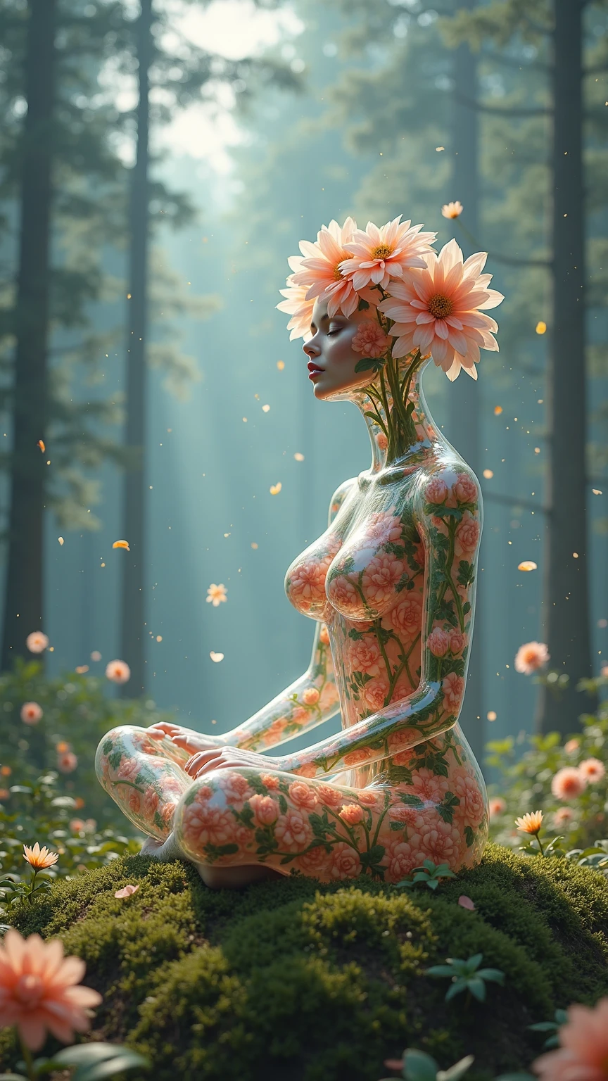 Close-up scene of a remarkable figure made of glass, filled with flowers and vines with flower chain,The figure kneels on grass earth,
Background is a rain forest with fog rising from the pond with the sun setting behind. The figure's head is bowed as if reflecting, further enhancing its poignancy.
This glassy figure is in a rain forest, the environment contrasting with the lush flora within her. The warm sunrays pierce her, illuminating the flowers in her body.
The overall image has a dreamy, ethereal touch.