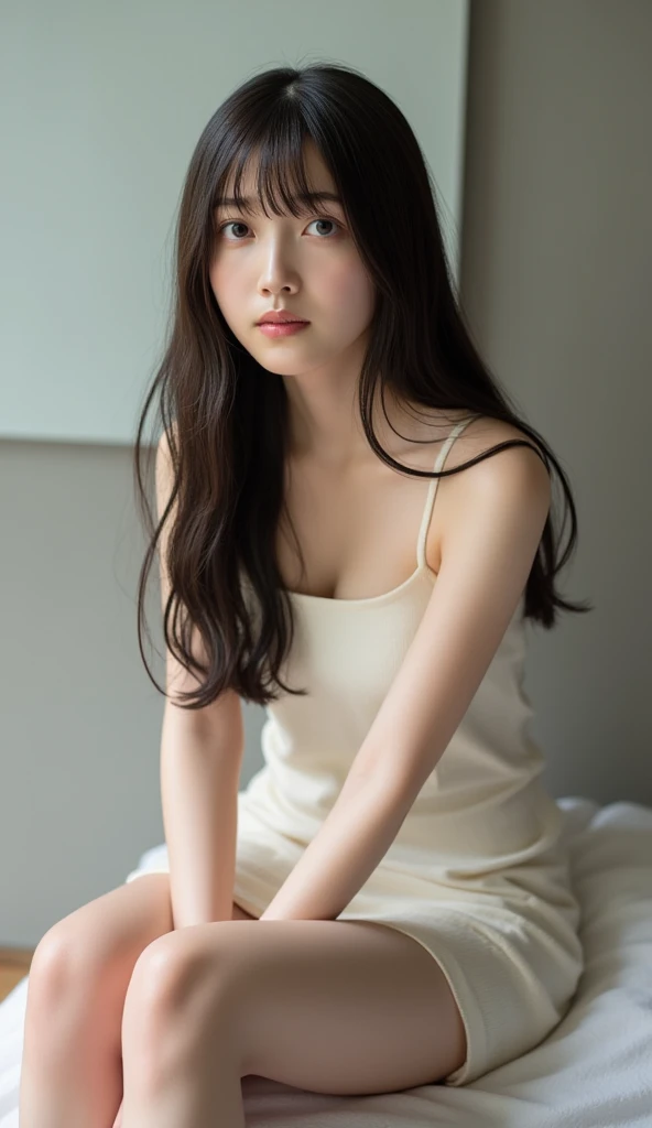 whiteroom, 1 girl, Japanese woman, look at the camera, 20yo, H cup, model's expression, silver ratio, cute, long black hair, portrait