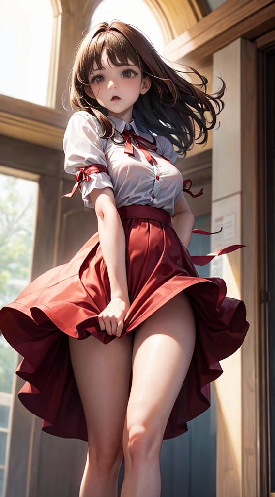 ((Highest quality,4K,High resolution,masterpiece:1.2)),((Character Concept Art)), 1 female, 20-year-old women, ((Shoulder-length brown hair、Hair curled loosely inwards)), (Skin as white as snow), Very detailed eyes (Brown Eye Color), have confidence, beautiful, slim body build, Big Breasts、((Intricate details)), Very finely crafted needles, Very finely crafted fingers(((10 fingers))), Red button up blouse,Short sleeve、Ribbon blouse、a red mini school skirt, Wearing red 12cm heels, (Full-body showcase), (Show whole body),A shy smile、In the school hallway、((They are running towards us at full speed.:1.5))