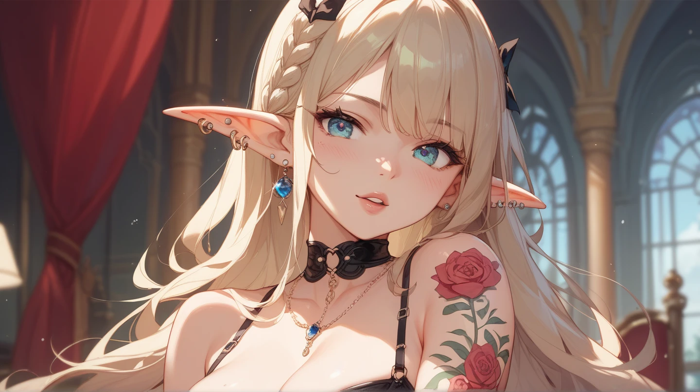 ((masterpiece)), ((Best quality)), (detailed), ideal, One, Busetta, gorgeous woman with cleavage, juicy lips, long hair, huge breasts, deep cleavage, huge breastss, sexual, lying down,detailed eyes, detailed hands, detailed face, elf, whole body
