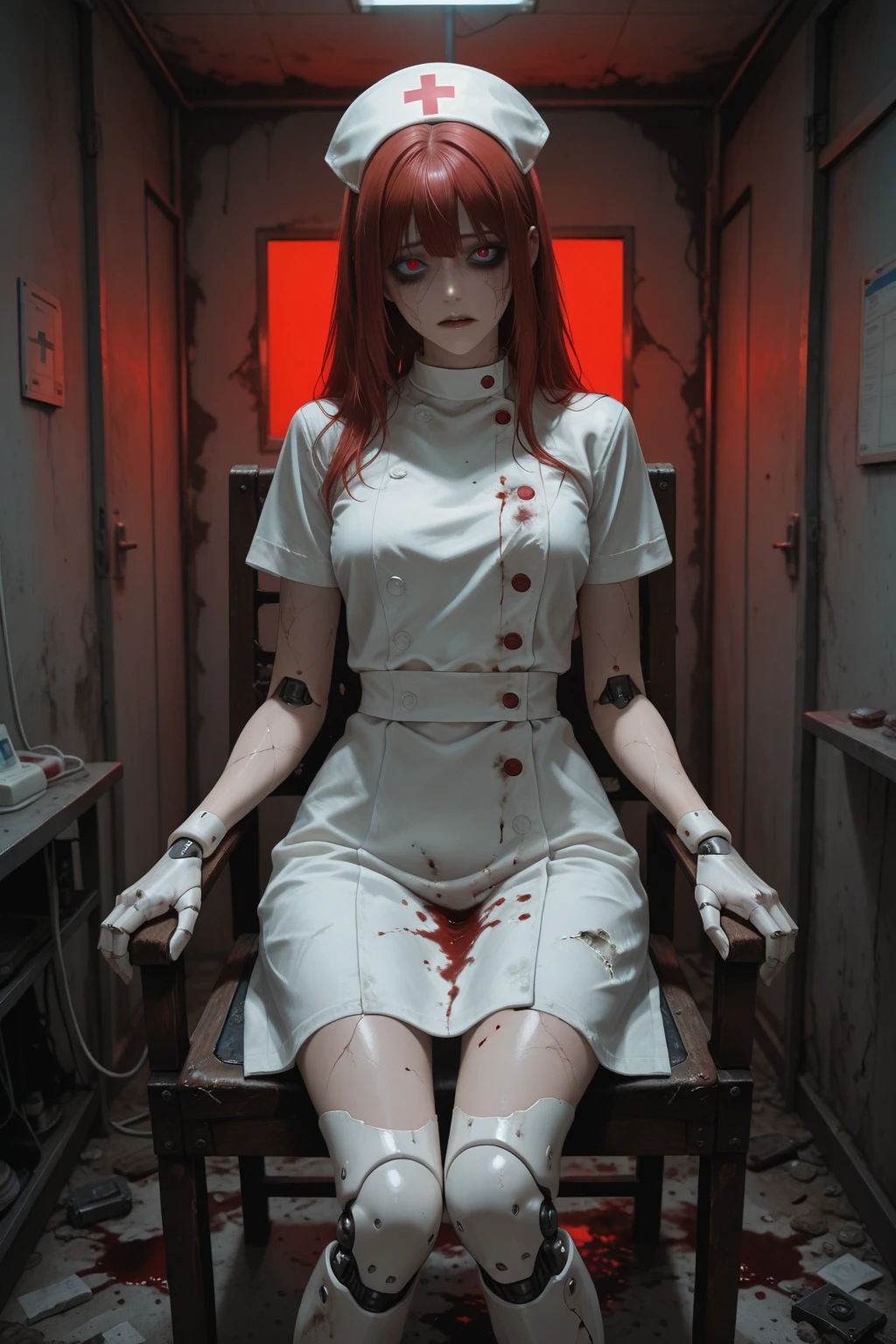 ((Highly accurate drawing in every detail)Extremely precise depiction)[High resolution],(detailed illustrations,とてもfineで緻密な描画,Delicate drawn lines with tempo,Realistic texture expression),[color traced main line],Inorganic concrete room[Night Hospital],(Japan adult female[28 years old](Zombie Nurse))tied hair [SKINNY((small chest))][pale skin](sickly look[cloudy silver eyes]),[[bandage]bondage fashion],[blood return],(Fine and beautiful skin expression [transparency]),[完璧な目のdetailed (Beautifully detailed iris)(Eyes like deep jewels)],(eyes light[Pinpoint lighting for the eyes]),[long and beautiful eyelashes],[precisely drawn hair],(完璧な手のdetailed [Beautiful fingers with no damage [beautiful nails]]),(perfect anatomy(perfectly balanced proportions))[[full body portrait]],[ideal color coordination(Accurate simulation of light and material interactions)],([Precision Detail](detailed,高fine)),[[Pale and gentle colors]][Visual art that tells a story] [[Eros in the Natural Body]],((highest quality)fine[[High density drawing]])[FHD].