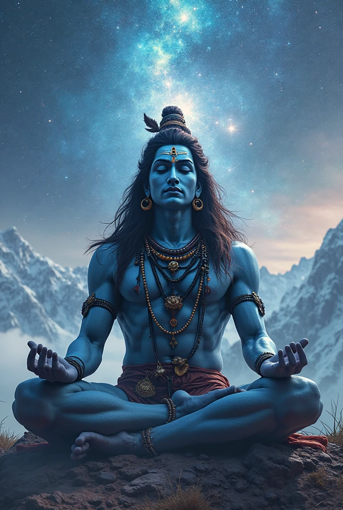 Create An Image In Which lord Shiv With Blue colour Body Is on Ice Mountain