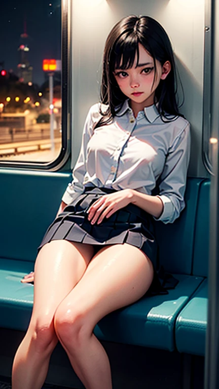 (16k, RAW photos, top quality, masterpiece: 1.2), (realistic, photorealistic: 1.37), 1 girl, Japan people, 22 years old,, ((open legs)), sitting on a crowded train, big, slender, crotch, full open legs, (round swing sexy mini skirt: 1.3), (white open shirt: 1.3), , See-through underwear, not wearing underwear