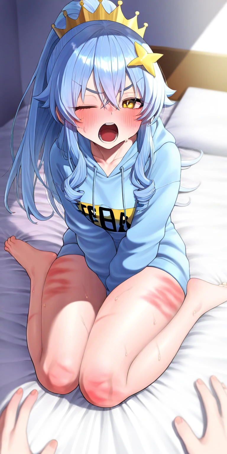 A girl wearing a t-shirt and panties is very scared