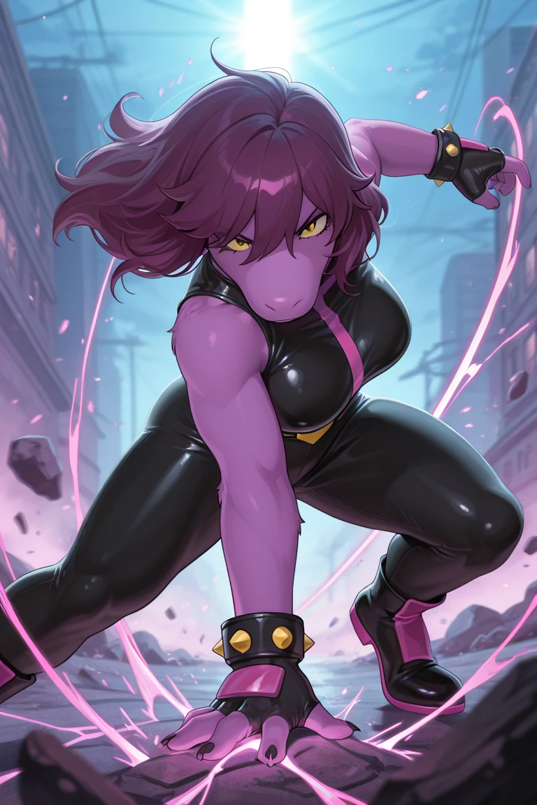 (masterpiece, best quality, absurdres), Ume, oni, slit pupils, cowboy shot, glowing eyes, breasts, cleavage, purple skin, blush, bike shorts, hand in pocket, against railing, track jacket, black shorts, muscular, midriff, abs, beach