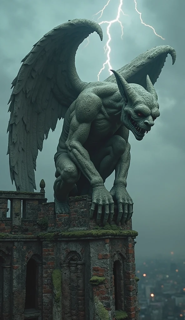 (medium full shot) of (ancient marble blue chiseled stone gargoyle) with wingless body, yellow eyes, long horns, runic engravings talons, set in haunted ruins, with ghostly apparitions, broken statues, eerie glow, and whispered voices, ,Masterpiece,best quality, raw photo, realistic, very aesthetic