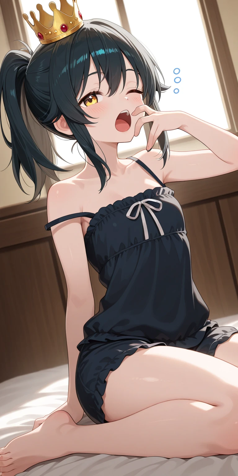 front view,looking at viewer, looking ahead,from above,cowboy shot,1girl,Beautiful 11 year old girl,Japanese,Slender,,low length,Small breasts,Thin legs,Small Ass,Baby Face,Small face,Black Hair,Row Twin Tails,Gray Eyes,Drooping eyes,middle School girls,Sheer black negligee,Sexy Lingerie,open mouth,tongue out,front face,Kneeling,Put your chin forward,Beautiful and detailed anime art,Mischievous smile,Little devil look,Sexy vibe,cum on tongue,Dimly lit room,On the bed,Simple Background,Gray background,Pink lighting,pointing at self