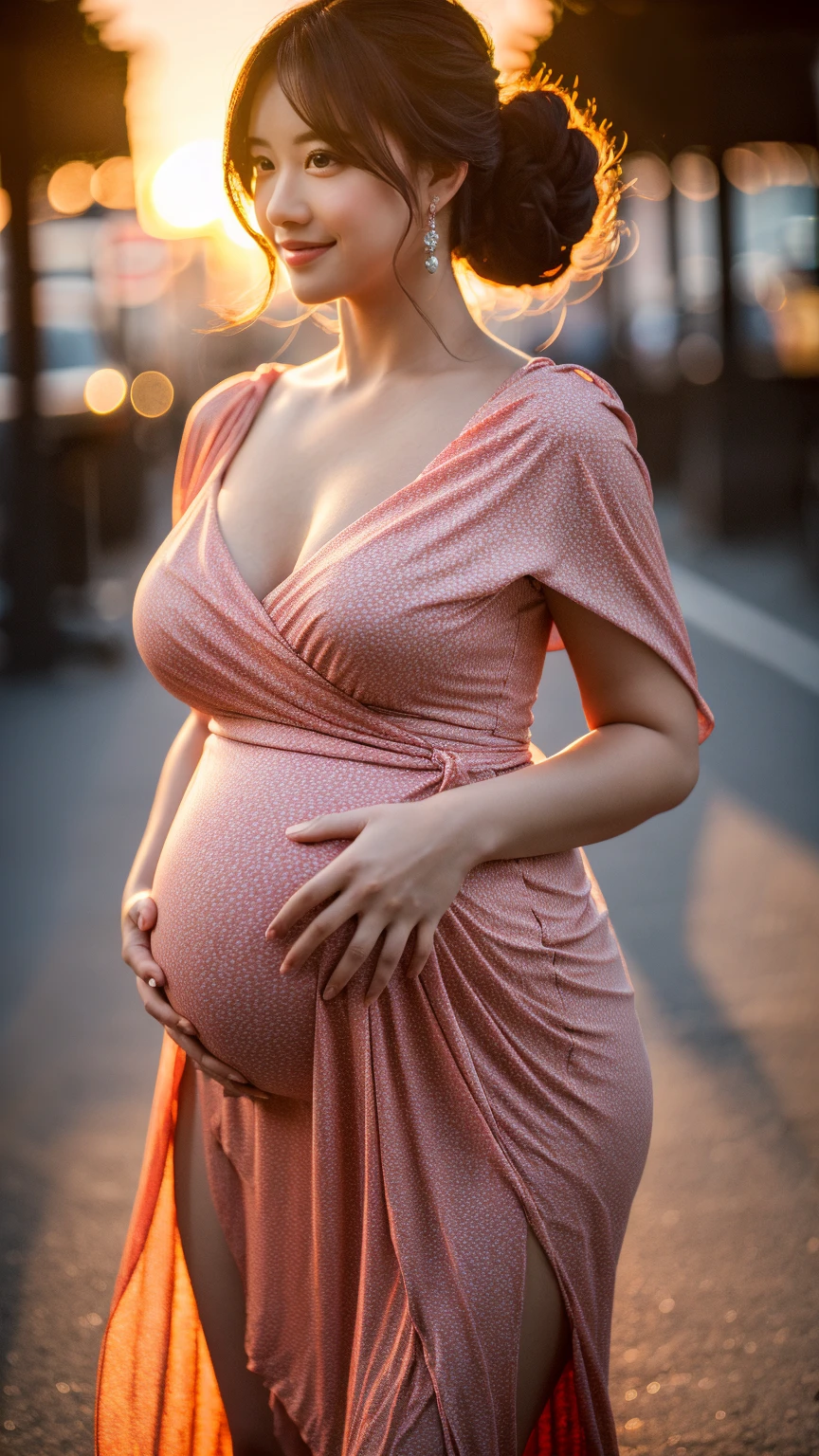realistic body shot photo of a greek smiling huge pregnant woman walking in front of the camera wearing a pink long summer dress. bangs hair. glamour photoshoot, street, perfect butt, beautiful face, perfect anatomy, fit girl, looking into the camera, walking towards the camera:1.2, strong hip:1.2, wide hip:1.3, 22 yo woman. (Eye makeup:1.1), (highly detailed skin:1.1), RAW, analog style, sharp focus, 8k UHD, DSLR, high quality, Fujifilm XT3, grain, award winning, masterpiece.