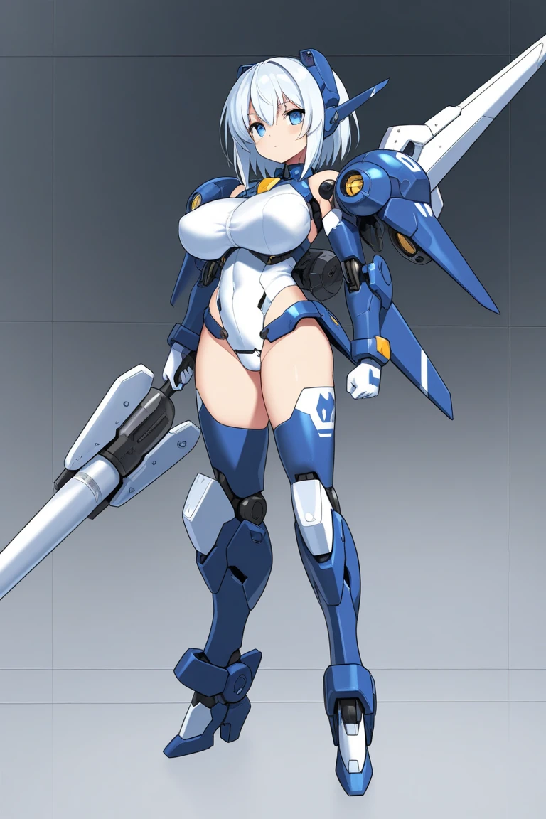 whole body,Standing posture, (Gray Hair,Bobcut,) (Super big breasts,,), (beautifully drawn face:1.2) (High leg leotard,Symphogear Suit,Sci-Fi Suit) A determined smile,(White background) 