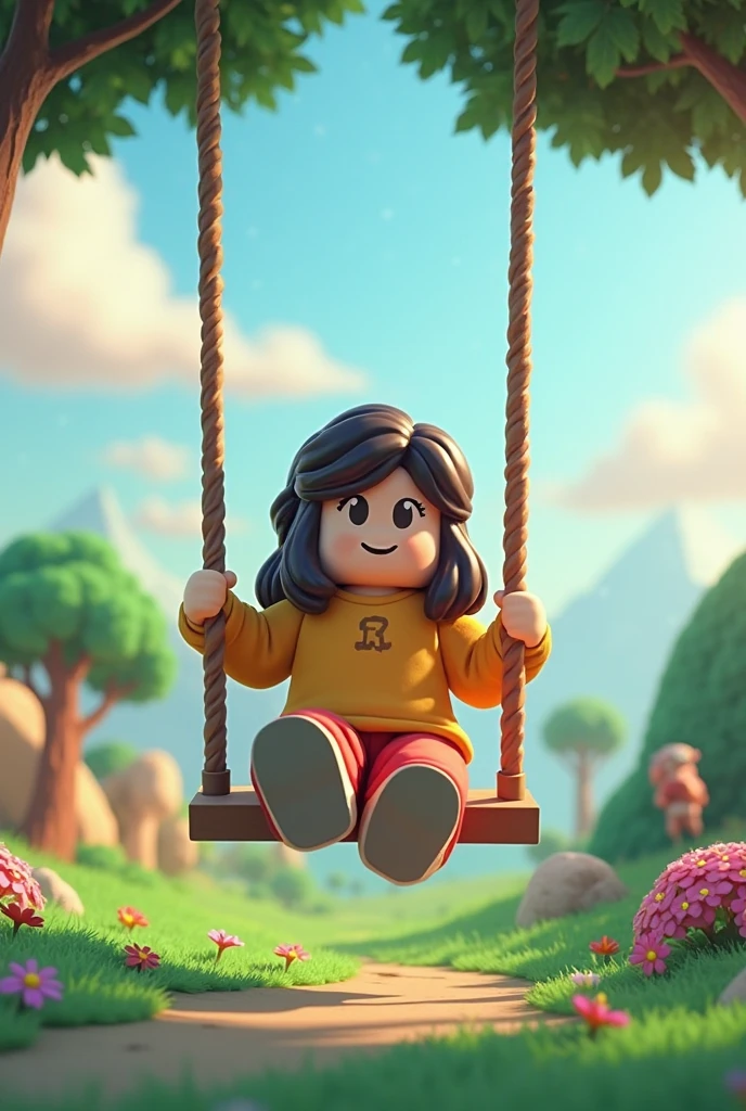 masterpiece, highres, photorealistic, best quality, 8k, ultra-detailed, VanellopeVon, 3DMM, 1girl, solo, full body, sitting on a cliff edge, legs hanging from cliff, tired, expressionless, looking at viewer, ponytail, bow, black hair, brown eyes, green hoodie, black mini skirt, bare legs, toeless footwear, sandals, extremely detailed feet, candy environment, outdoor, blue sky, interesting colorful background, lollipop forest, chocolate mountains in background,
