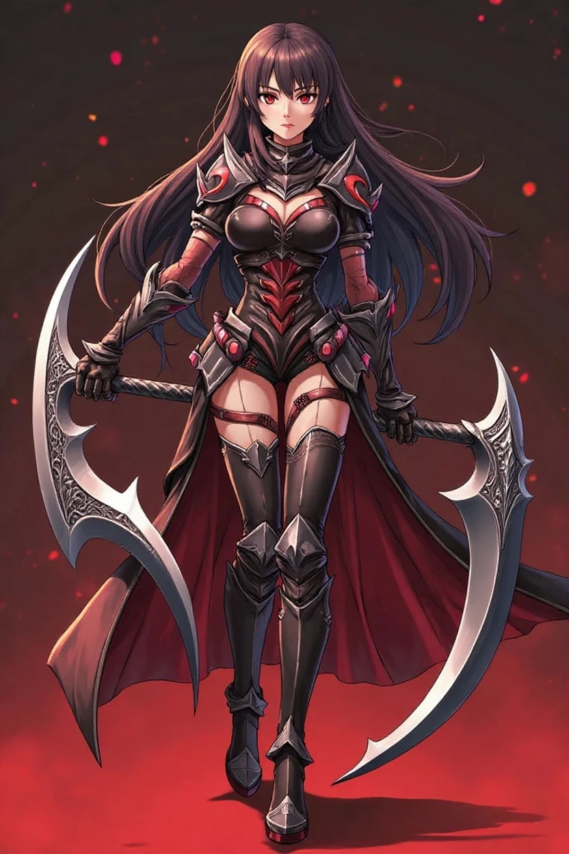 female dark elf assassin . alluring body . red eyes , black hair , fighting an orc general , avoiding his huge axe swing and stabing his leg