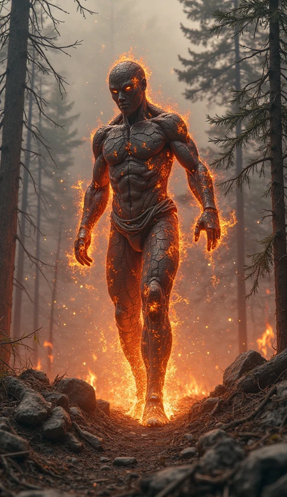 a highly detailed photo of a male angel 1.2 burning a field, ((full body)), realistic, depth of field, blurry background, photorealistic, cinematic photography, edge lighting, dramatic lighting, volumetric fog, glowing embers, detailed fire textures, dynamic pose, cinematic composition, dramatic shadows, natural environment, lush vegetation, intricate details, mesmerizing flames, photorealistic rendering, masterpiece