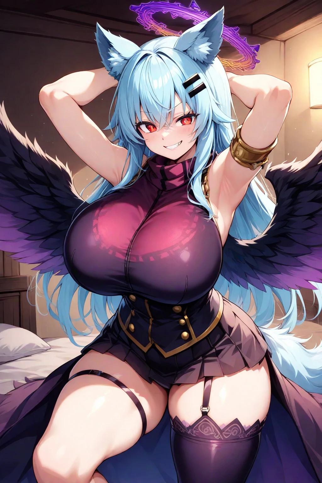 Big Tits Beauty ZZZ Cup uniform, horned girl, devil horns, elf ears, cleavage, thigh, short skirt, sexy, wide demonic wings, big breasts, oversized breasts, bimbo
