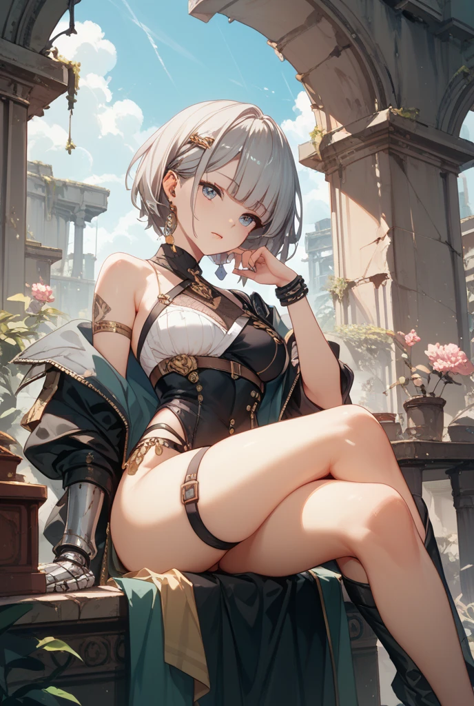 (underwater), sunken city, 1 girl, elf, silver hair, red eyes, bob cut, braid, triangle sitting, sleeping, eyes closed, fantasy style costume, wizard, robe, long skirt, tights, concept art, beautiful anime scene, beautiful anime scenery, top rating on pixiv, top quality, 4K