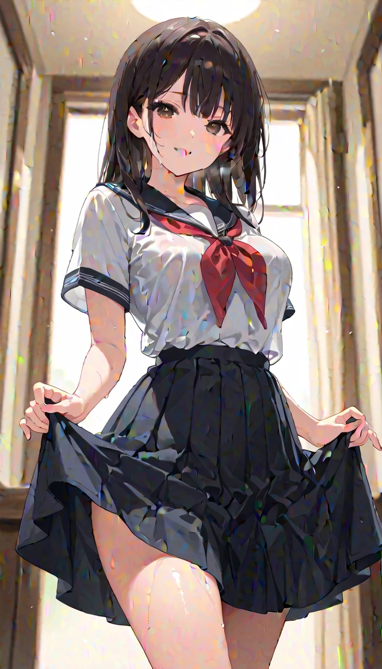 ((highest quality)), ((masterpiece)), (detailed), Perfect Face, anime, Ultra-fine illustration, ((1 person)), ((Cute girl)), Black hair twin tails, JK Uniform, (skirt wind:1.3), (Pink panties:1.2), Mouth open, Embarrassed expression, Low - Angle, Streetscape, Are standing, summer,